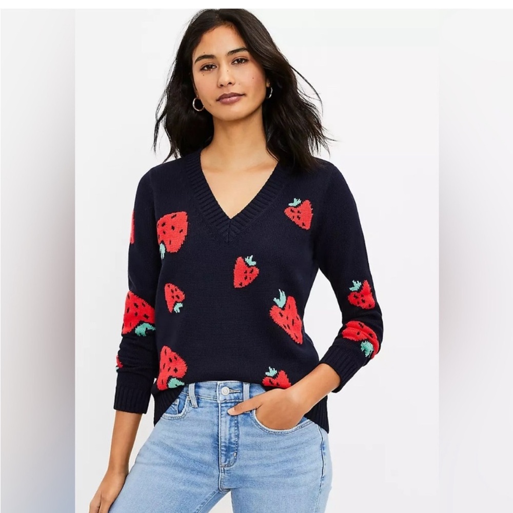 LOFT Blue and Red V-Neck Sweater with Strawberry Design